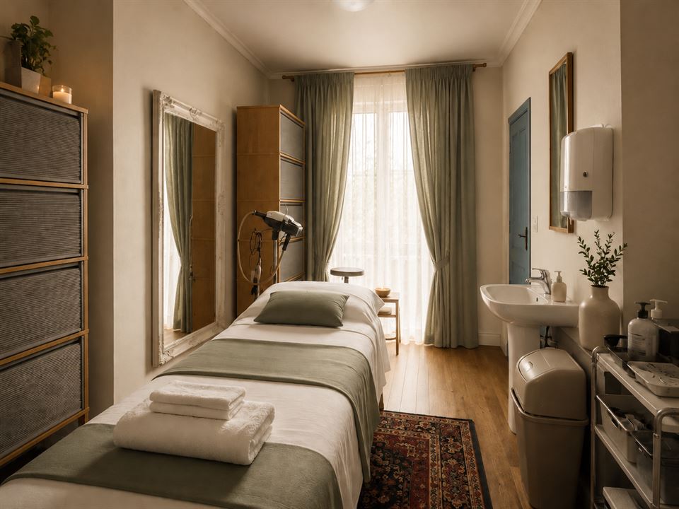 Private treatment room with freshly made therapy couch